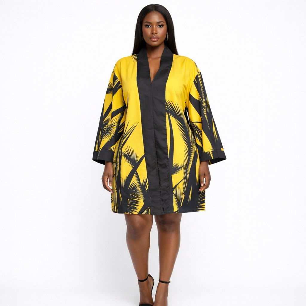 Yellow and Black Printed Loose Fit Kimono Top